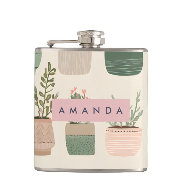 Personalised Modern Boho Potted Succulent Plant Hip Flask (Front)