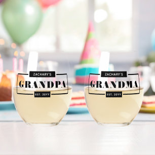 Personalised Modern Bold Grandpa Grandma Est Stemless Wine Glass