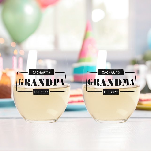 Personalised Modern Bold Grandpa Grandma Est  Stemless Wine Glass (Insitu (Birthday))