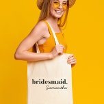 Personalised Modern Bridal Shower Bridesmaid Tote Bag<br><div class="desc">Check out these perfect tote bags for your bridal party, bachelorette party guests, birthday or wedding guest party favours. A modern and elegant custom tote bag is chic and sophisticated to complement your wedding or any special occasion. They can be personalised with your name and role in the bridal party,...</div>