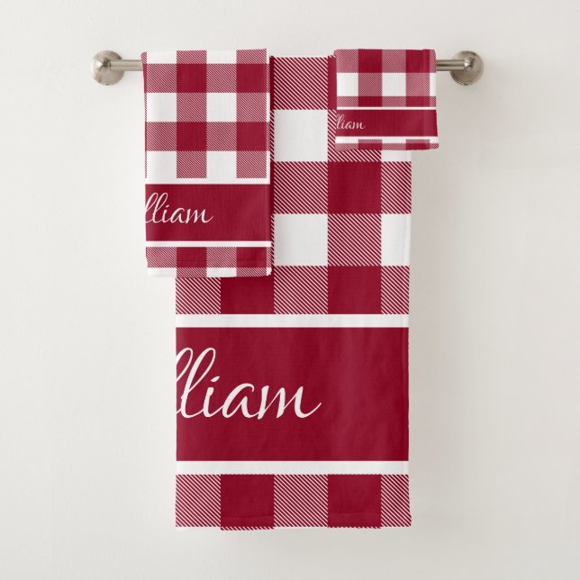 Personalised Modern Burgundy White Buffalo Checks Bath Towel Set (Insitu)
