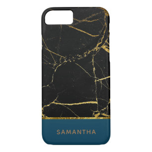 Personalised Modern chic Black marble Gold Teal iPhone 8/7 Case