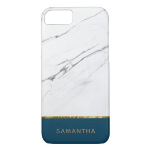 Personalised Modern chic white marble Gold Teal iPhone 8/7 Case