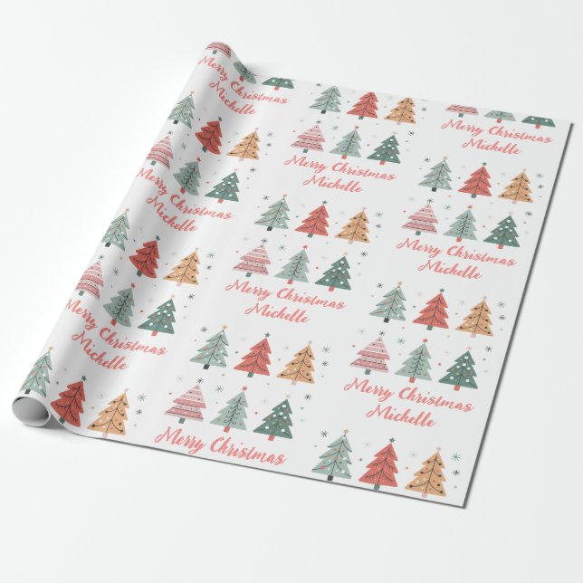 Personalised Modern Christmas Pink Pine Tree       Wrapping Paper (Unrolled)
