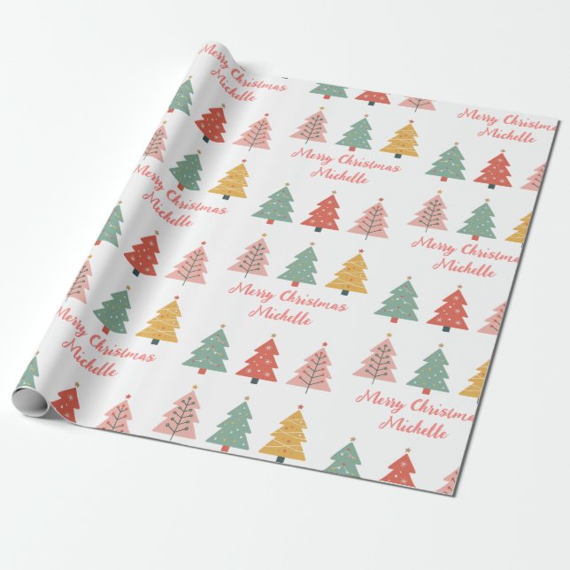 Personalised Modern Christmas Pink Pine Tree       Wrapping Paper (Unrolled)