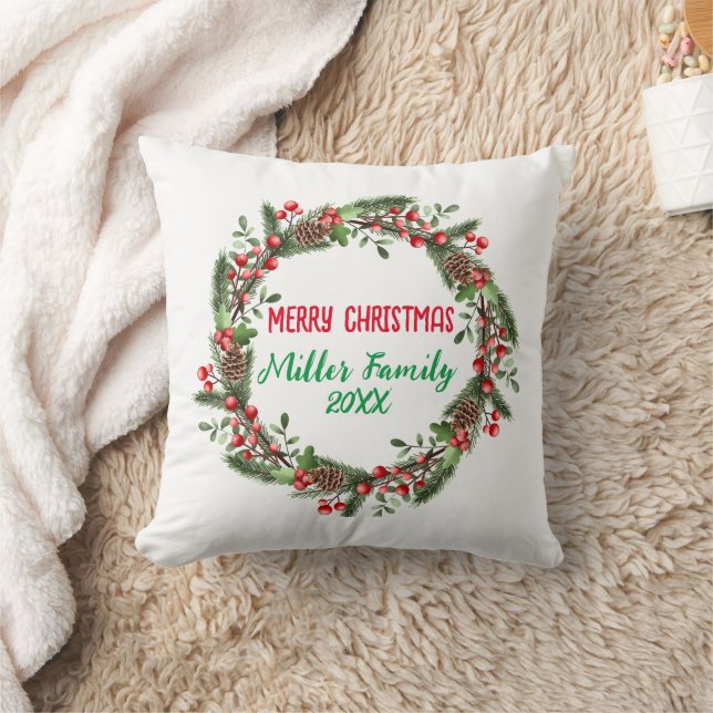 Personalised Modern Christmas Wreath Family Xmas  Cushion (Blanket)