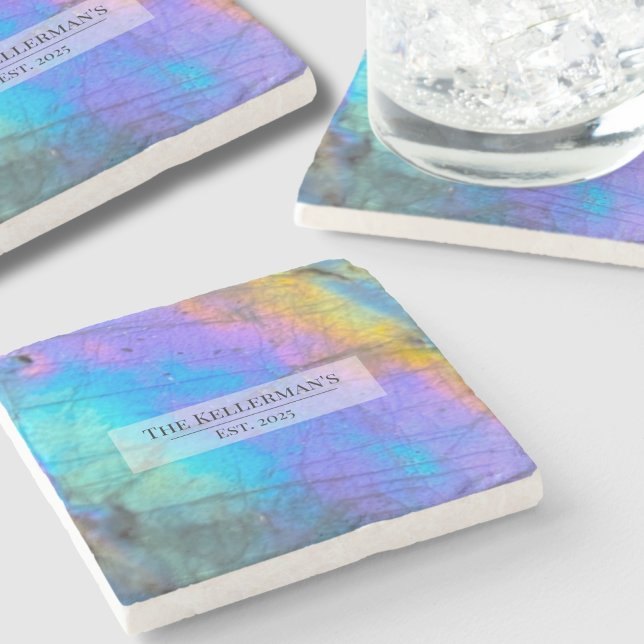 Personalised Modern Colourful Family Name Stone Coaster (Modern Colorful Labradorite Stone Family Name Stone Coaster)