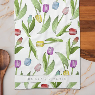 Personalised Modern Colourful Tulip Floral Pattern Tea Towel