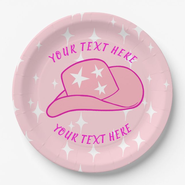 Personalised Modern Cowgirl Hat Starburst Pink Paper Plate (Front)