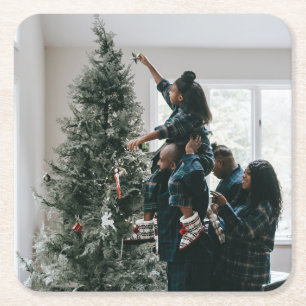 Personalised Modern Custom Christmas Family Photo Square Paper Coaster