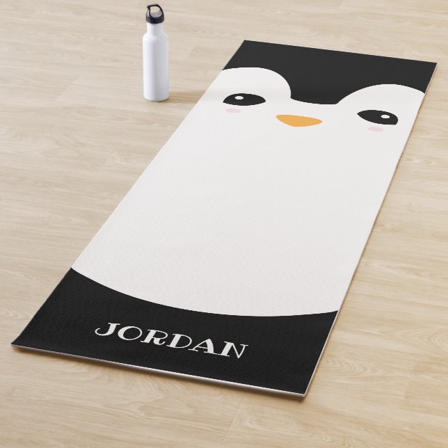 Personalised Modern Cute Black White Penguin Yoga Mat (In Situ)