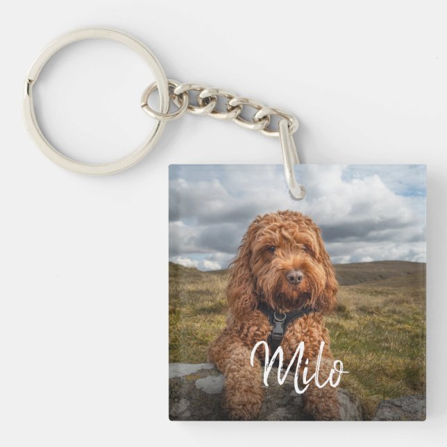 Personalised Modern Dog Photo Name Key Ring (Front)