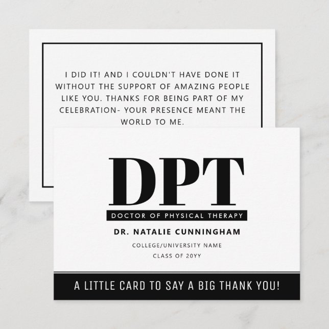 Personalised Modern DPT Doctor of Physical Therapy Thank You Card (Front/Back)