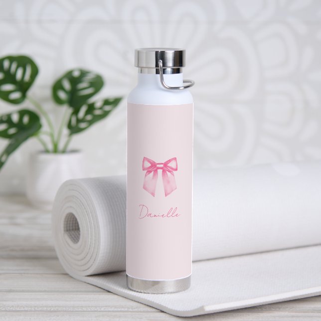 Personalised Modern Elegant Pink Bow Name Water Bottle (Yoga (Rotated))