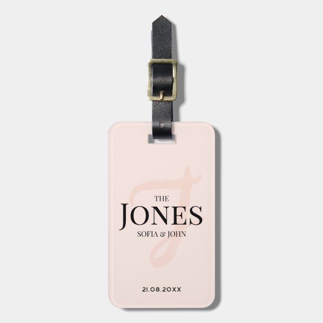 Personalised Modern Elegant Pink Monogram Newlywed Luggage Tag (Front Vertical)