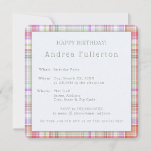 Personalised Modern Elegant Plaid Birthday Party Invitation