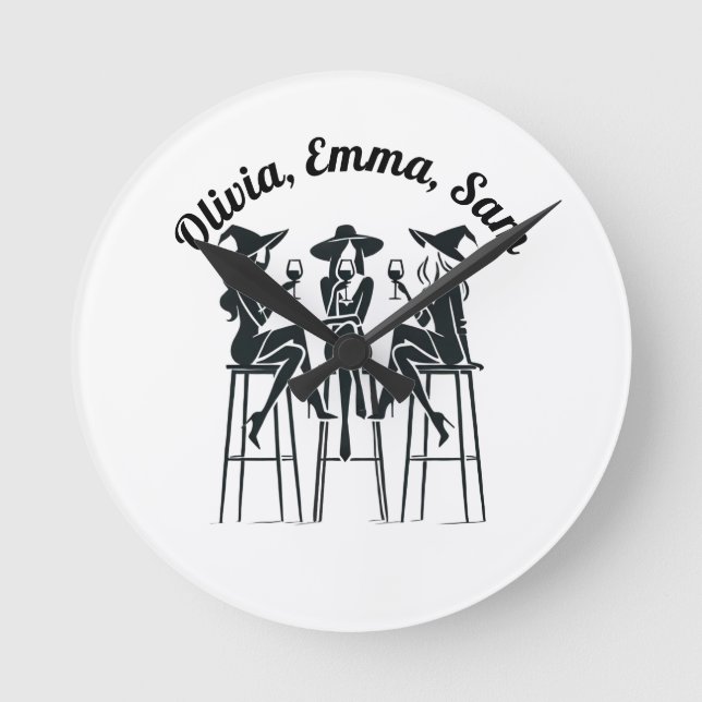 Personalised, Modern, Elegant Witches Wine Night Round Clock (Front)
