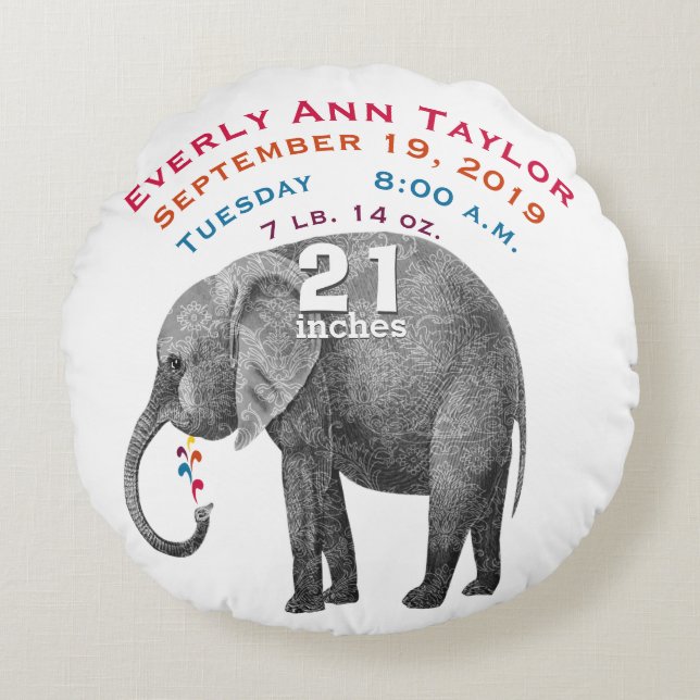 Personalised Modern Elephant Baby Nursery Round Cushion (Front)