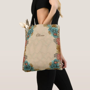Personalised Modern Floral Beige Blue Orange Tote Bag