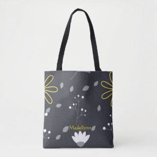 Personalised Modern Floral Black and Yellow Tote Bag