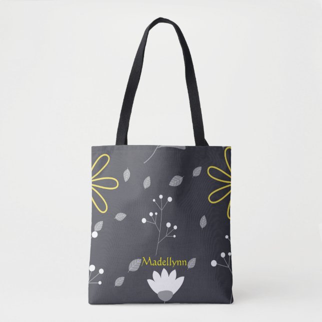 Personalised Modern Floral Black and Yellow Tote Bag (Front)