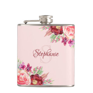 Personalised Modern Floral Burgundy Blush Monogram Hip Flask
