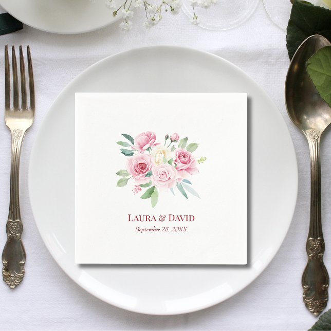 Personalised Modern Floral Rose Wedding Paper Napkin (Creator Uploaded)