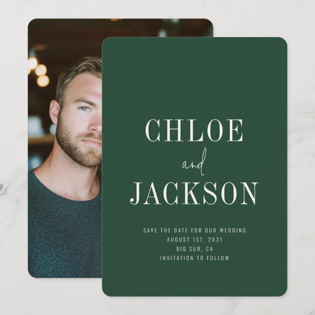 Personalised Modern Forest Green Photo Wedding Save The Date (Front/Back)