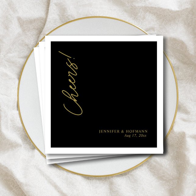 Personalised Modern Gold "Cheers!" Black Wedding  Napkin (Personalized Modern Gold _Cheers!_ Black Wedding  Napkins)