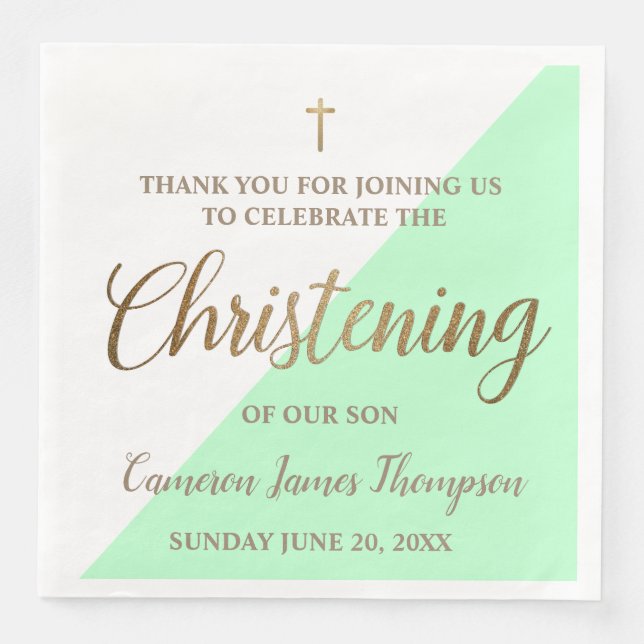 Personalised Modern gold green Boy Christening Napkin (Front)
