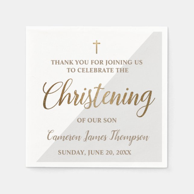 Personalised Modern gold Grey Boy Christening Napkin (Front)