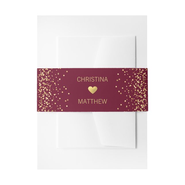 Personalised Modern Gold HEART Burgundy Wedding Invitation Belly Band (Front Example)