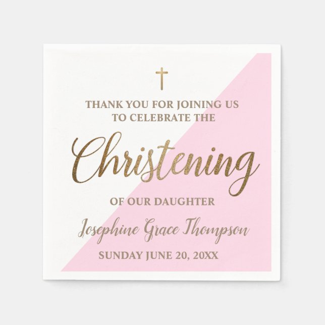 Personalised Modern gold pink girl Christening Napkin (Front)