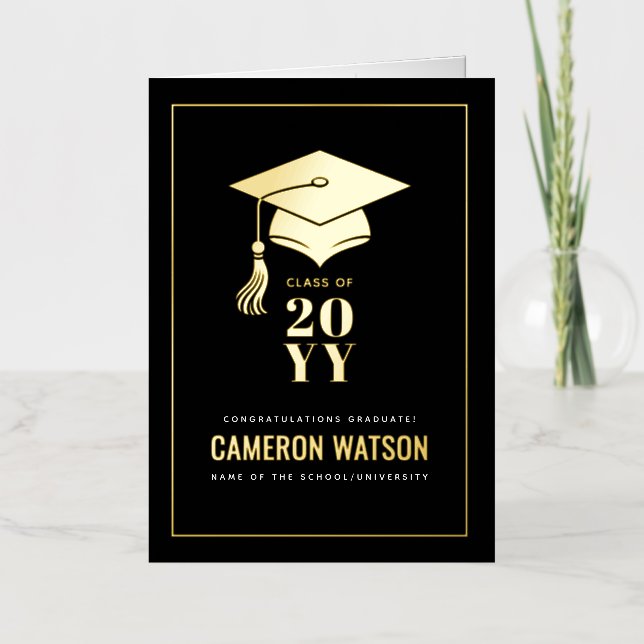 Personalised Modern Grad Hat and Tassel Graduation Foil Greeting Card (Front)