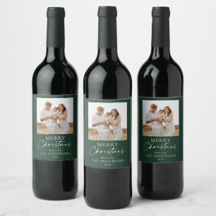 Personalised Modern Green Family Photo Christmas Wine Label