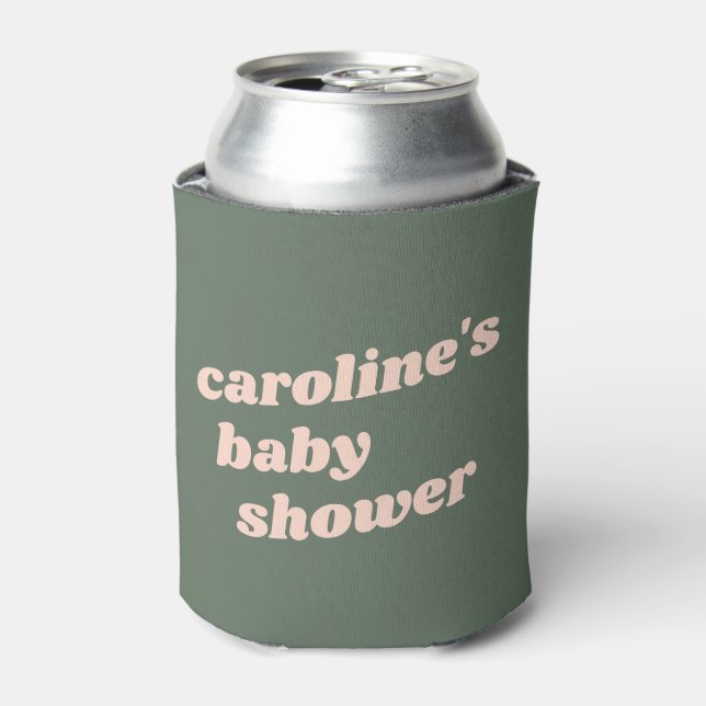 Personalised Modern Green Pink Retro Baby Shower  Can Cooler (Can Front)