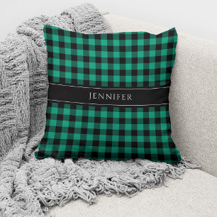 Personalised Modern Green Plaid Gingham Cushion