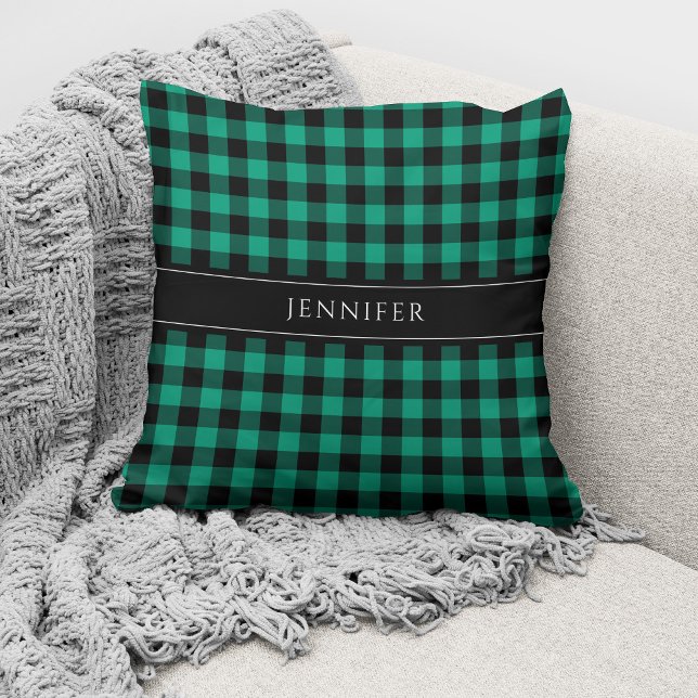 Personalised Modern Green Plaid Gingham Cushion (Creator Uploaded)