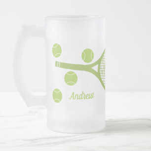 Personalised Modern Green Tennis Ball Racket Frosted Glass Beer Mug