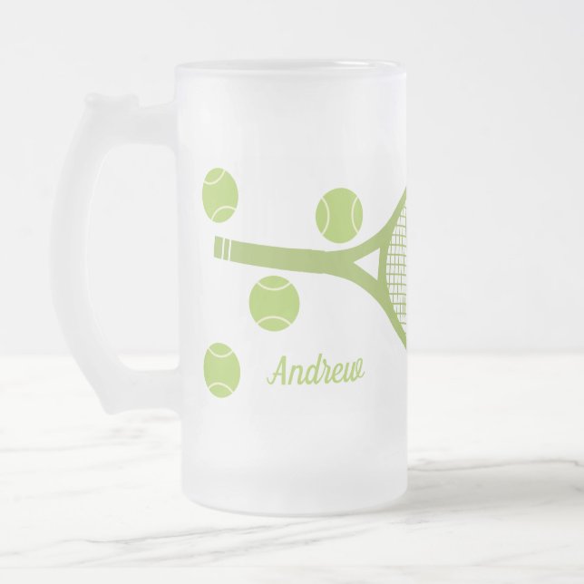 Personalised Modern Green Tennis Ball Racket Frosted Glass Beer Mug (Left)