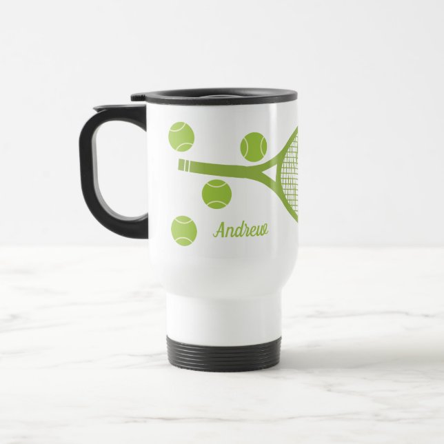 Personalised Modern Green Tennis Ball Racket Travel Mug (Left)