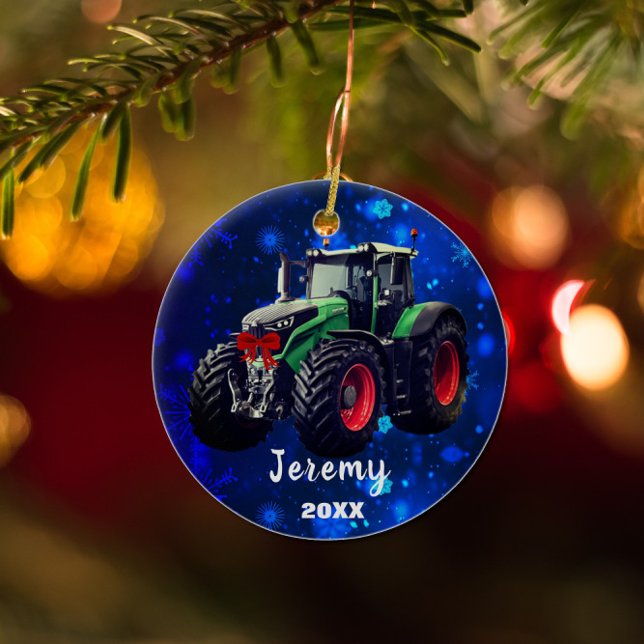 Personalised Modern Green Tractor "Christmas 20XX" Ceramic Tree Decoration (Creator Uploaded)