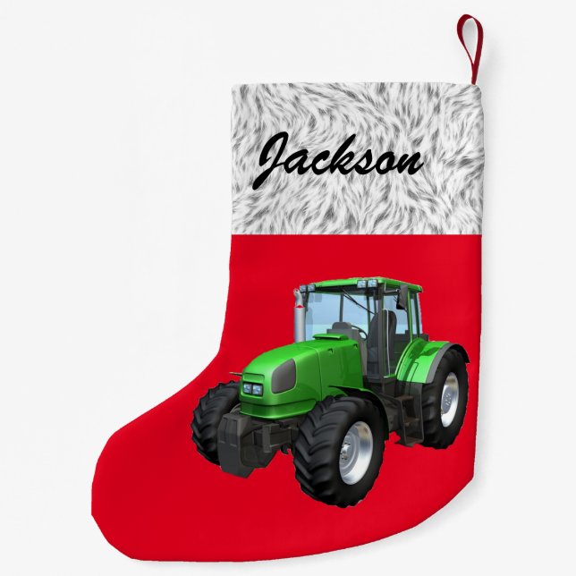 Personalised Modern Green Tractor on Red  Small Christmas Stocking (Back)
