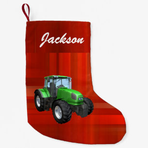 Personalised Modern Green Tractor on Red Small Christmas Stocking