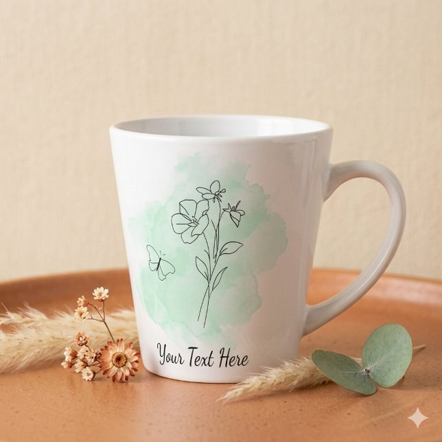 Personalised Modern Green Watercolor Coffee Mug (Modern minimal style coffee mug with green watercolor splash, line art, and a customizable text)