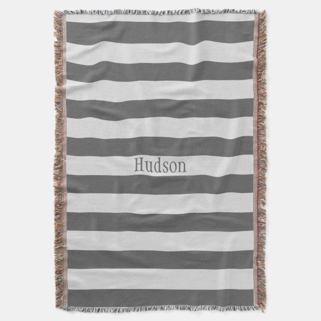 Personalised Modern Grey and White Striped Pattern Throw Blanket (Front Vertical)