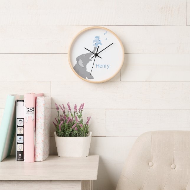 Personalised Modern Grey Elephant, 10" Round Clock (Reading Room)