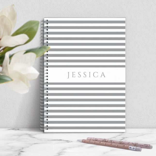 Personalised Modern Grey Stripes Notebook (Personalized Modern Gray Stripes Notebook)