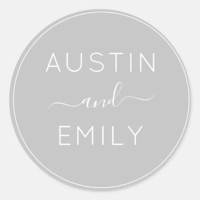 Personalised Modern  Grey white Wedding Classic Ro Round Sticker (Front)