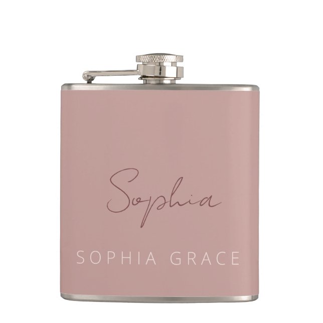 Personalised Modern Handwritten Script Dusty Pink Hip Flask (Front)